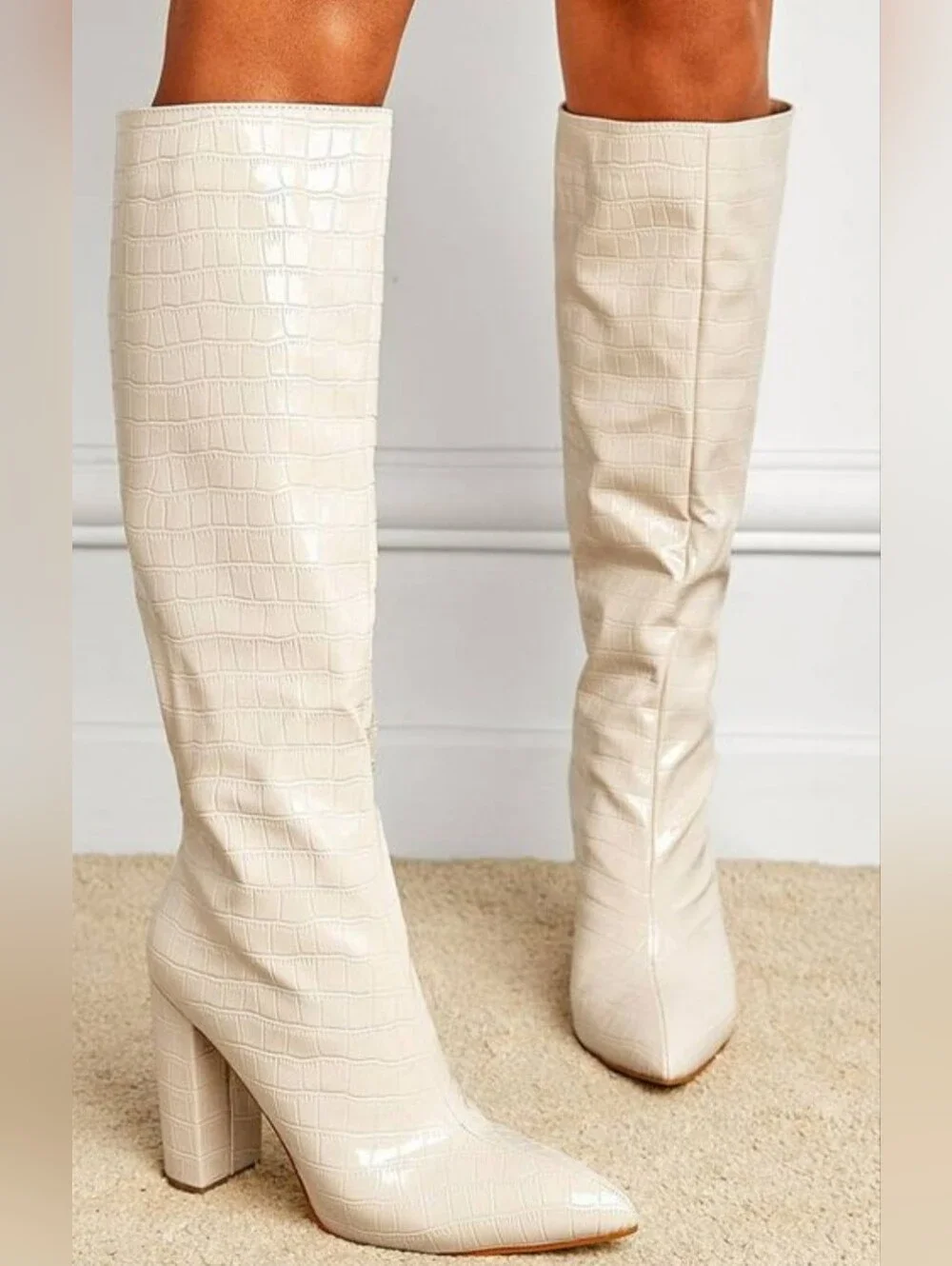MIA Women's Knee-High Croc-Embossed Cream Boots